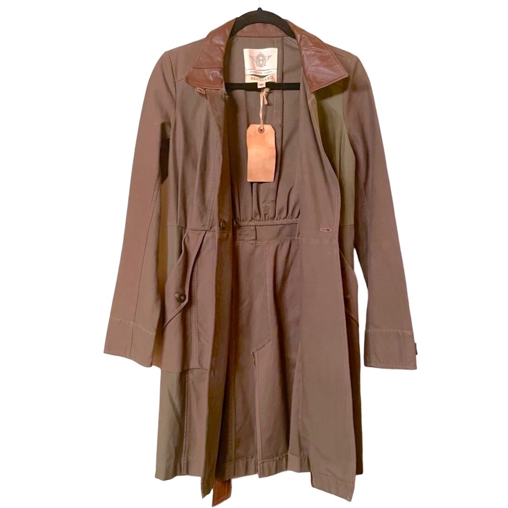 Upcycled Khaki Green Trench coat with upcycled Brown Leather Accents